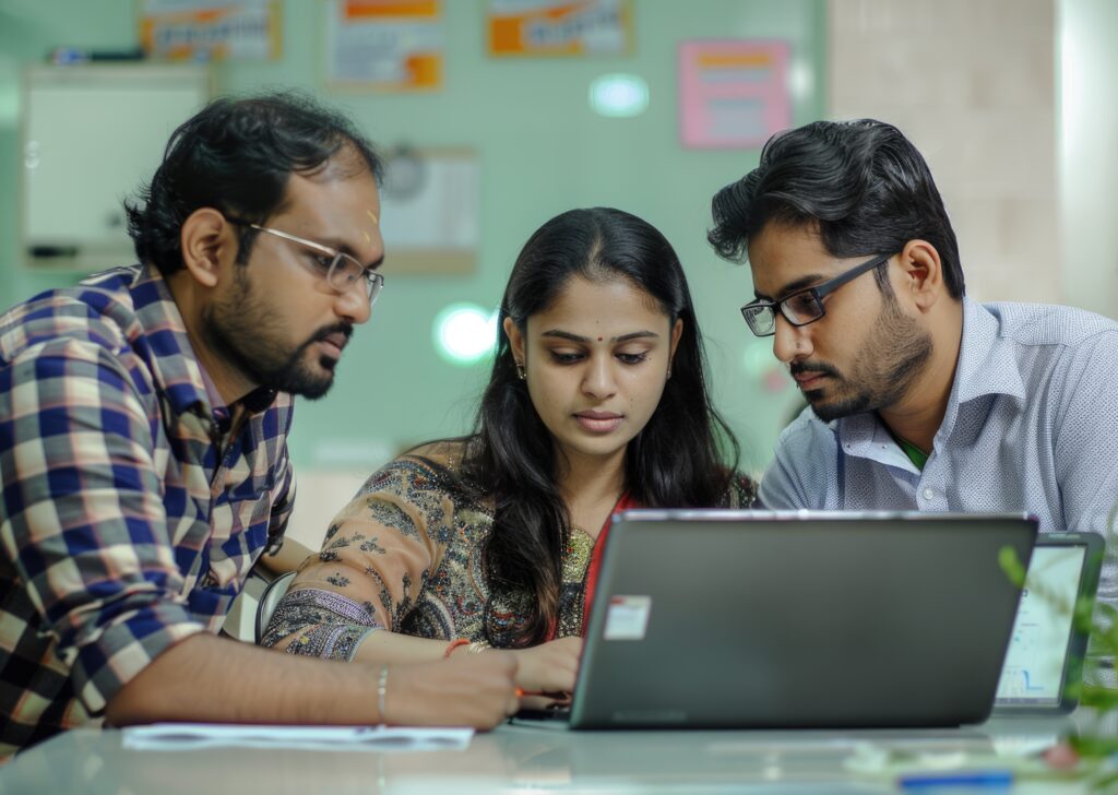 Team working together looking screen laptop